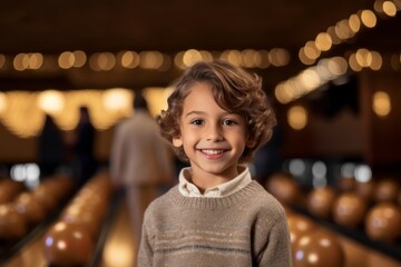 Medium shot portrait photography of a pleased child male that is wearing a chic cardigan against a noisy and animated bowling alley with friends background .  Generative AI - obrazy, fototapety, plakaty