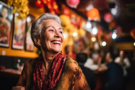Portrait of smiling senior woman sitting at table in restaurant at night