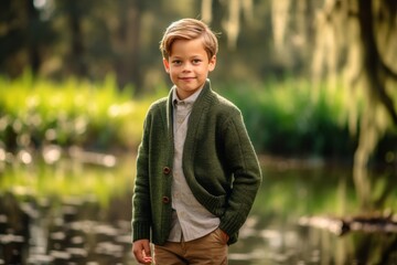 Medium shot portrait photography of a pleased child male that is wearing a chic cardigan against a swampy or bayou background .  Generative AI