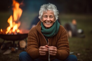 Portrait of happy senior woman sitting near bonfire and smiling at camera