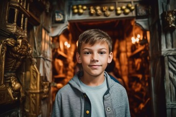Fototapeta na wymiar Medium shot portrait photography of a pleased child male that is wearing a chic cardigan against a thrilling haunted house attraction with brave visitors background . Generative AI