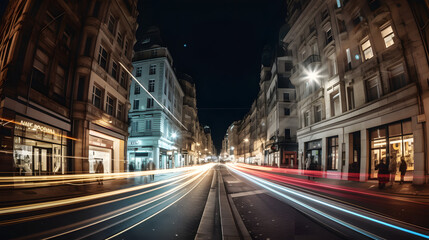 vibrant energy and movement of a bustling city street at night