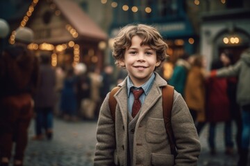 Portrait of a cute little boy with a backpack on a Christmas market.
