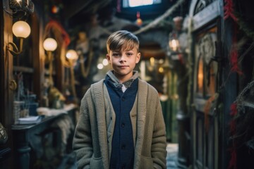 Fototapeta premium Medium shot portrait photography of a pleased child male that is wearing a chic cardigan against a thrilling haunted house attraction with brave visitors background . Generative AI
