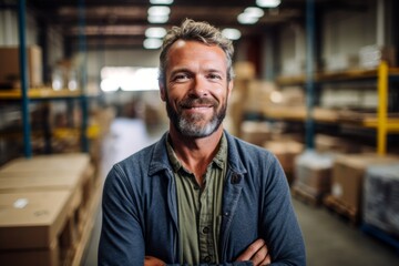 Fototapeta premium Medium shot portrait photography of a grinning man in his 40s that is wearing a chic cardigan against a busy factory assembly line with workers background . Generative AI