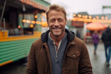 Fototapeta premium Medium shot portrait photography of a grinning man in his 40s that is wearing a chic cardigan against a food truck-lined street fair background . Generative AI