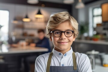 Obraz premium Medium shot portrait photography of a pleased child male that is wearing a chic cardigan against a well-stocked gourmet kitchen with a chef at work background . Generative AI