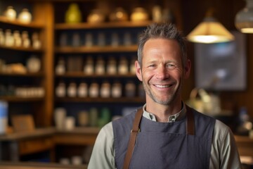 Fototapeta premium Medium shot portrait photography of a grinning man in his 40s that is wearing a chic cardigan against a bustling traditional tea house with servers and patrons background . Generative AI