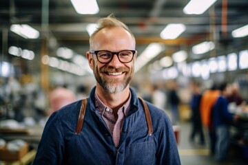 Medium shot portrait photography of a grinning man in his 40s that is wearing a chic cardigan against a busy factory assembly line with workers background .  Generative AI
