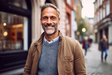 Portrait of a handsome middle-aged man smiling and looking at the camera while standing on a city street