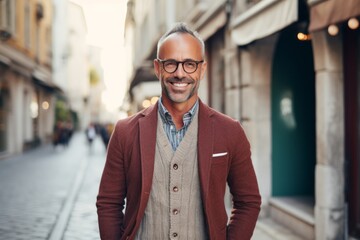 Portrait of handsome middle-aged man in eyeglasses looking at camera and smiling while standing outdoors