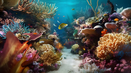 Obraz na płótnie Canvas Vibrant coral reef teeming with marine life, showcasing the vibrant colors and diversity of underwater ecosystems