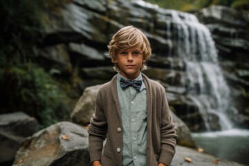Portrait of a boy in a coat and bow tie near a waterfall