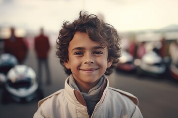 Medium shot portrait photography of a pleased child male that is wearing a chic cardigan against an exciting go-kart racing track with drivers competing background .  Generative AI