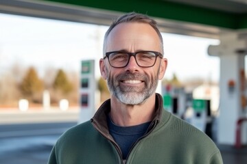 Portrait of a smiling mature man with glasses standing at gas station