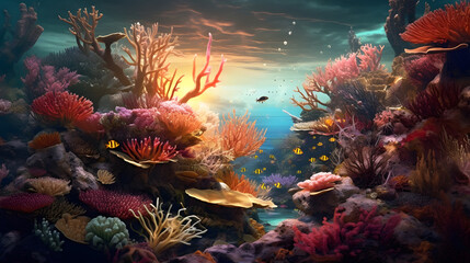 Fototapeta na wymiar Vibrant coral reef teeming with marine life, showcasing the vibrant colors and diversity of underwater ecosystems