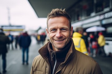 Obraz premium Portrait of a smiling man standing at the bus stop in the city