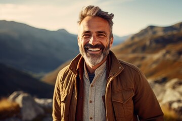 Medium shot portrait photography of a grinning man in his 40s that is wearing a chic cardigan against a scenic mountain hike with breathtaking views background .  Generative AI