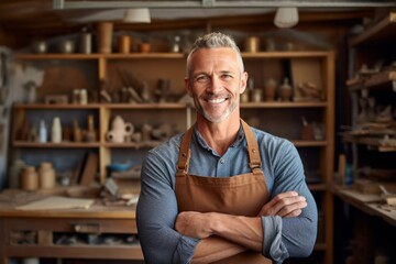 Portrait of smiling mature craftsman standing with arms crossed in workshop