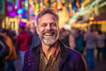 Obraz na płótnie Canvas Medium shot portrait photography of a grinning man in his 40s that is wearing a chic cardigan against a vibrant and lively mardi gras celebration background . Generative AI
