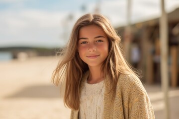 Portrait of a beautiful little girl with blond hair in a yellow sweater on the beach