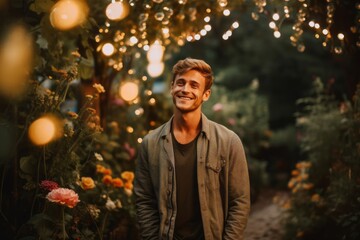 Medium shot portrait photography of a pleased man in his 20s that is wearing a chic cardigan against a magical garden with blooming roses and twinkling lights background .  Generative AI