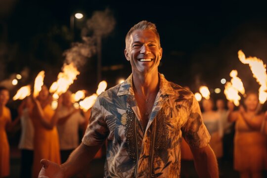 Medium shot portrait photography of a grinning man in his 40s that is wearing a chic cardigan against a scenic hawaiian luau with performers and fire dancers background .  Generative AI