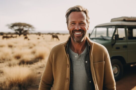 Medium shot portrait photography of a grinning man in his 40s that is wearing a chic cardigan against an african safari with wild animals roaming background .  Generative AI