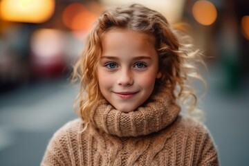 Medium shot portrait photography of a satisfied child female that is wearing a cozy sweater against a bokeh background .  Generative AI
