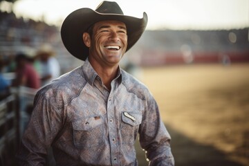 Portrait of a smiling cowboy standing in a rodeo arena.