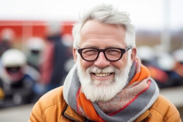 Portrait of a smiling senior man with grey beard wearing glasses outdoors