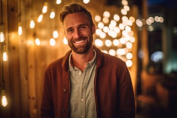 Portrait of a handsome man smiling at camera while standing in cafe