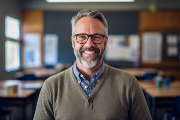 Medium shot portrait photography of a grinning man in his 50s that is wearing a chic cardigan against a classroom or educational setting background .  Generative AI