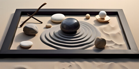 Plakat beauty of a Zen garden, capturing the meticulously arranged stones and peaceful atmosphere, using a minimalist composition to evoke a sense of inner calm