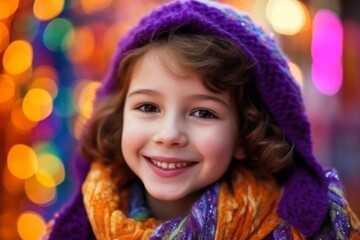 Fototapeta na wymiar Portrait of a beautiful little girl on a background of Christmas lights