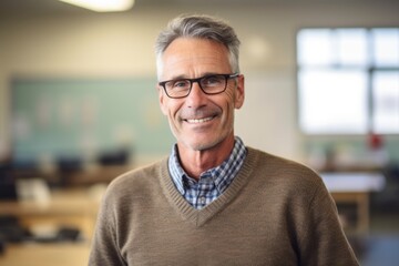 Medium shot portrait photography of a grinning man in his 50s that is wearing a chic cardigan against a classroom or educational setting background .  Generative AI