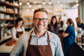 Medium shot portrait photography of a pleased man in his 30s that is wearing a chic cardigan against a cozy chocolate-making class with a group of people background .  Generative AI