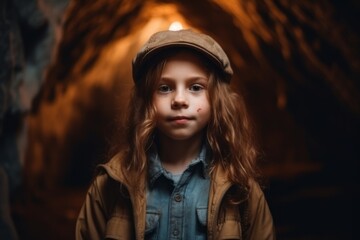Fototapeta na wymiar Cute little girl in a beret in an underground tunnel.