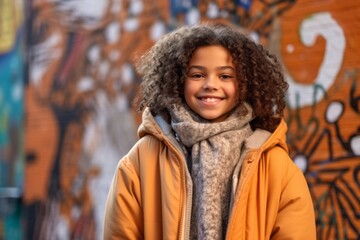 african american girl in yellow coat and scarf smiling at camera