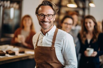 Obraz premium Portrait of handsome mature man in apron smiling at camera while standing in cafe