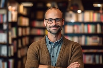 Portrait of a handsome mature man in glasses standing in a library