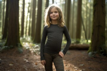 Fototapeta premium Portrait of a beautiful little girl standing in the forest and looking at camera