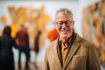 Fototapeta premium Medium shot portrait photography of a grinning man in his 50s that is wearing a chic cardigan against a modern art exhibit with visitors and installations background . Generative AI