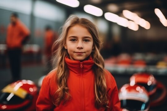 Medium shot portrait photography of a satisfied child female that is wearing a cozy sweater against an exciting go-kart racing track with drivers competing background .  Generative AI