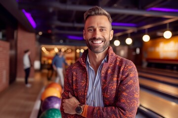 Medium shot portrait photography of a pleased man in his 30s that is wearing a chic cardigan against a noisy and animated bowling alley with friends background .  Generative AI