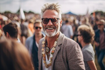 Medium shot portrait photography of a grinning man in his 50s that is wearing a chic cardigan against an outdoor music festival with attendees having fun background .  Generative AI
