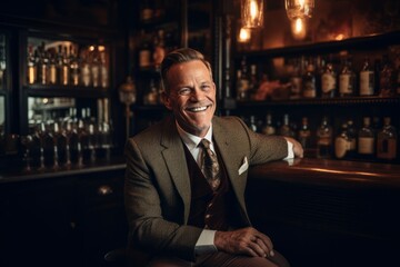 Portrait of smiling senior man sitting at bar counter and looking at camera