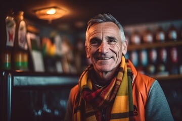 Medium shot portrait photography of a grinning man in his 50s that is wearing a cozy sweater against a raucous soccer fan's bar during a major match background .  Generative AI