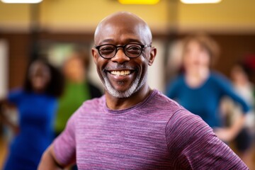 Portrait of smiling african american man in eyeglasses in dance studio