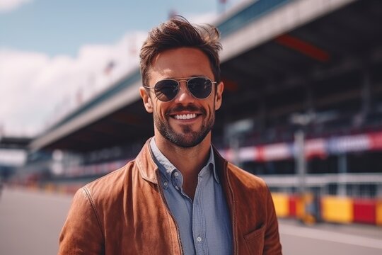 Portrait of a handsome young man wearing sunglasses and smiling while standing outdoors
